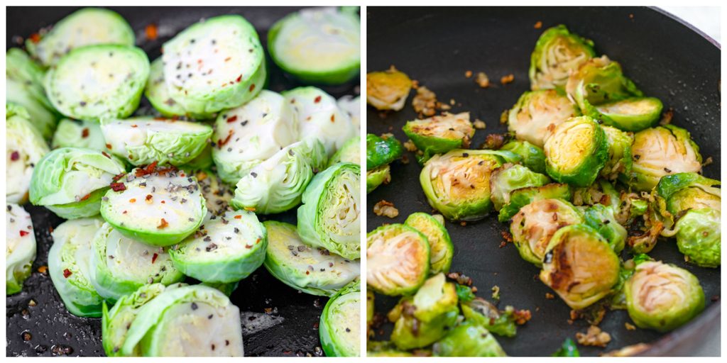 Collage showing process for cooking brussels sprouts and garlic with one photo showing brussels sprouts in pan with seasonings and a second photo showing brussels sprouts and garlic browned