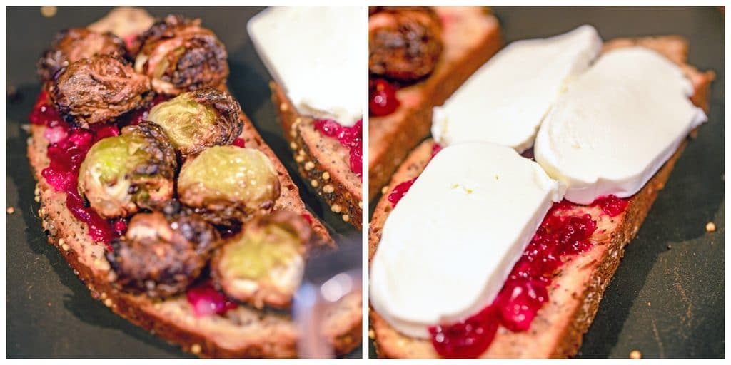 Collage showing brussels sprouts and cranberry relish grilled cheese being cooked on griddle with mozzarella cheese