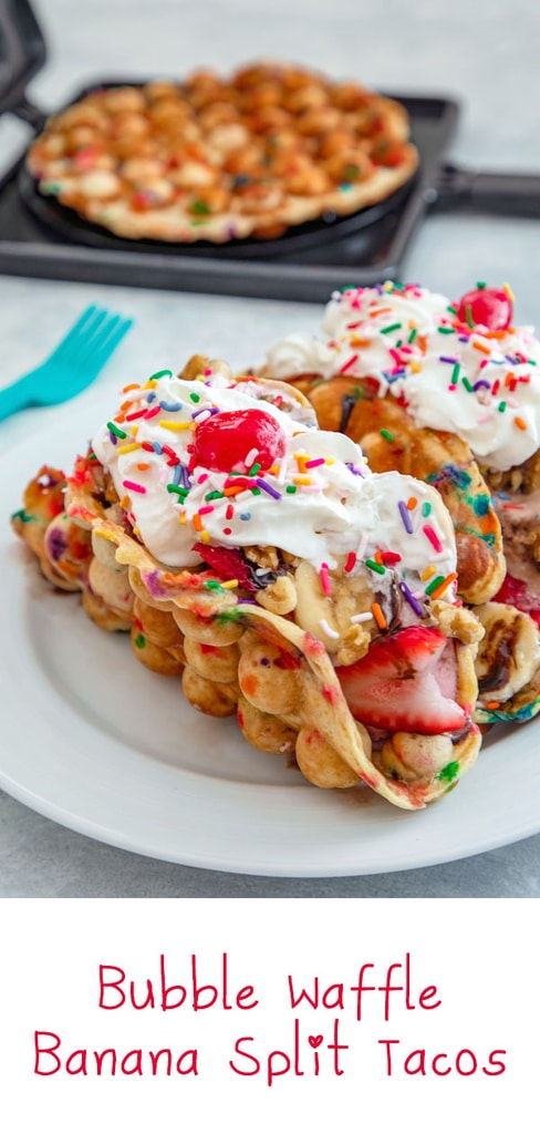 Bubble Waffle Banana Split Tacos -- These super fun Bubble Waffle Banana Split Tacos are perfect for brunch or dessert. The banana funfetti bubble waffles are formed into “taco” shells and filled with ice cream, bananas, strawberries, chocolate sauce, walnuts, whipped cream, and sprinkles! | wearenotmartha.com #bubblewaffles #waffles #bananasplits #desserttacos