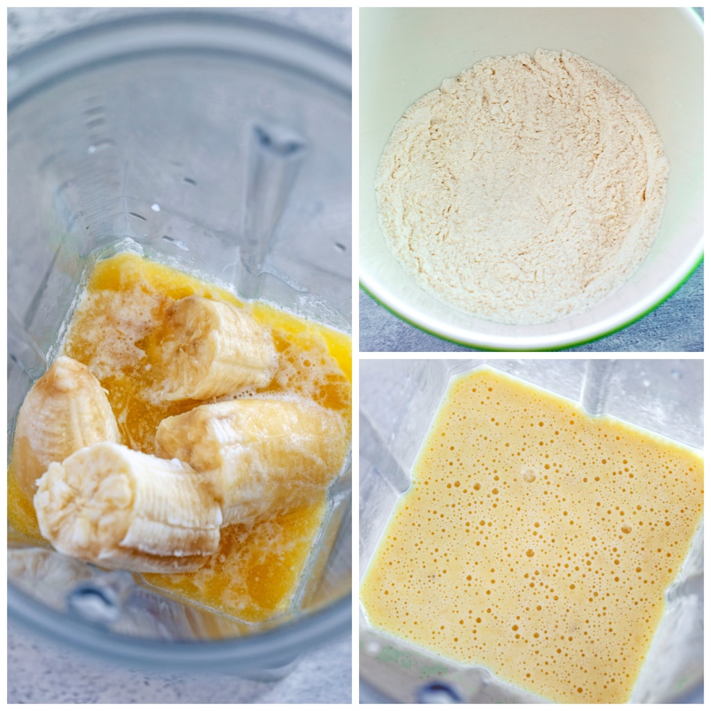 Collage showing process for making banana funfetti bubble waffles, including blender with eggs and banana in it, blender with ingredients all blended, and bowl with dry ingredients for bubble waffles