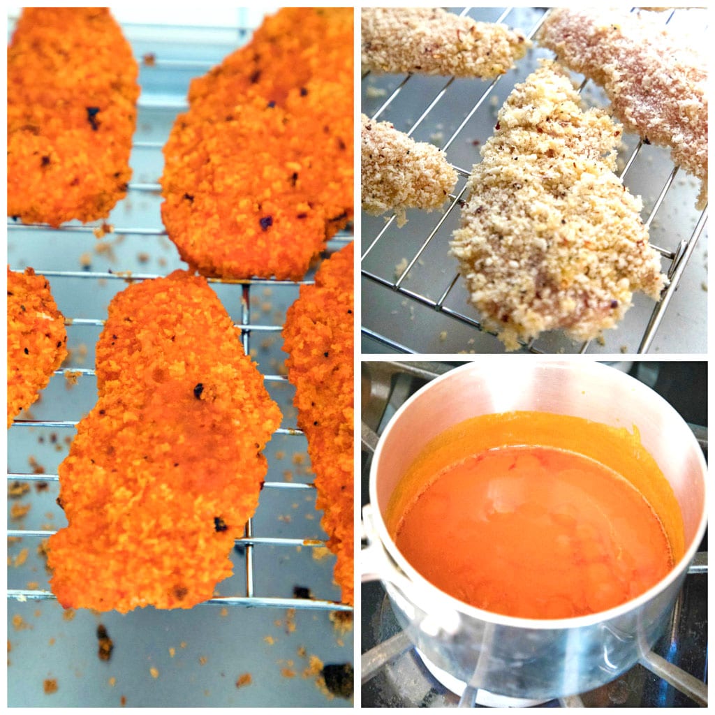 Collage showing process for making baked buffalo chicken, including chicken battered on rack ready for oven, buffalo sauce in saucepan, and chicken battered and baked and dipped in buffalo sauce