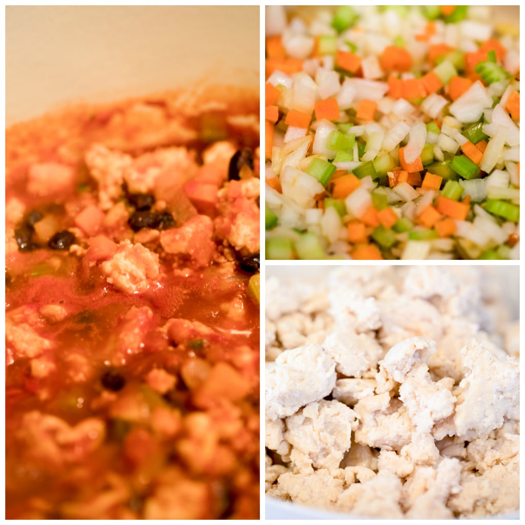 Collage showing the veggies being cooked, ground chicken cooking, and chili simmering