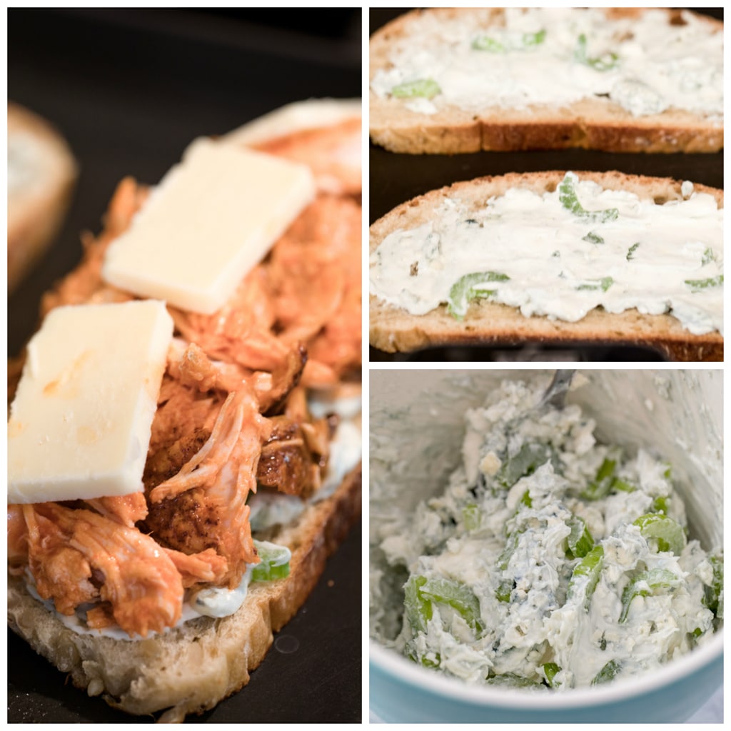 Collage showing cream cheese blue cheese spread being mixed and being spread on bread and bread with spread, chicken, and cheese on griddle
