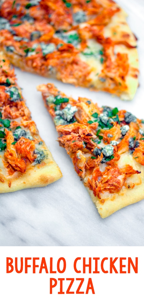 Buffalo Chicken Pizza -- If you love buffalo chicken and can't get enough pizza, you will be obsessed with this Buffalo Chicken Pizza. Make it with a rotisserie chicken for an incredibly easy weeknight dinner | wearenotmartha.com #pizza #buffalochicken #buffalo #spicy