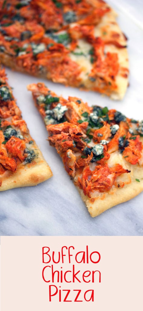 Buffalo Chicken Pizza -- If you love buffalo chicken and can't get enough pizza, you will be obsessed with this Buffalo Chicken Pizza. Make it with a rotisserie chicken for an incredibly easy weeknight dinner | wearenotmartha.com #pizza #buffalochicken #buffalo #spicy