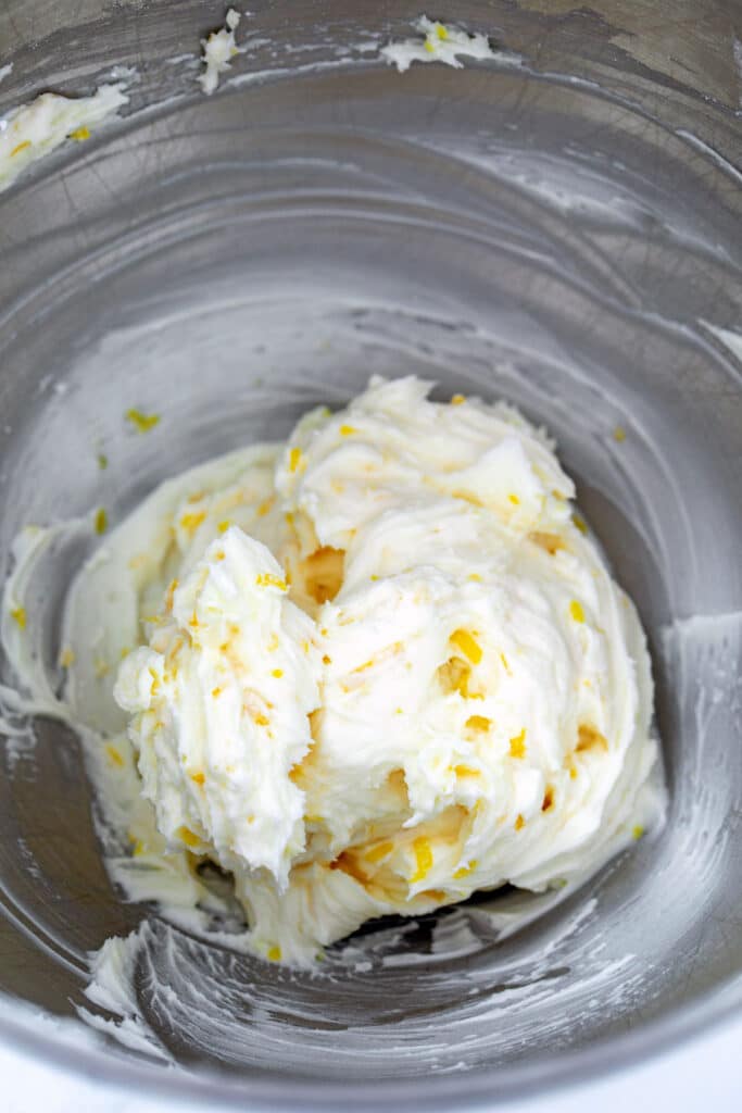 Butter, sugar, and lemon zest beaten together in mixing bowl
