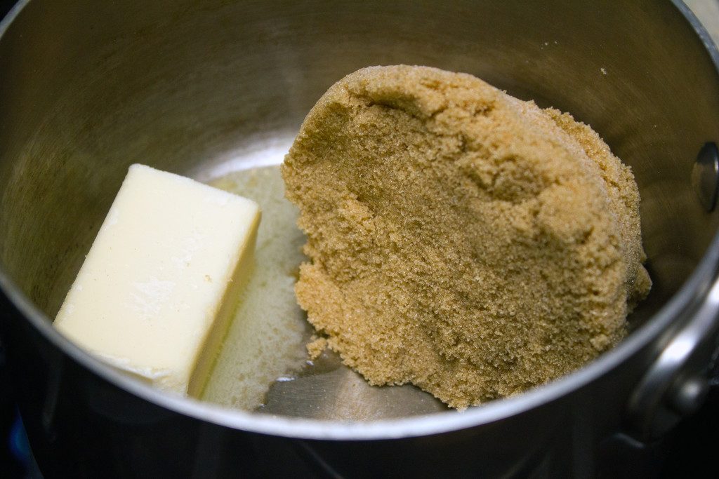 Brown sugar and butter beginning to melt in a saucepan