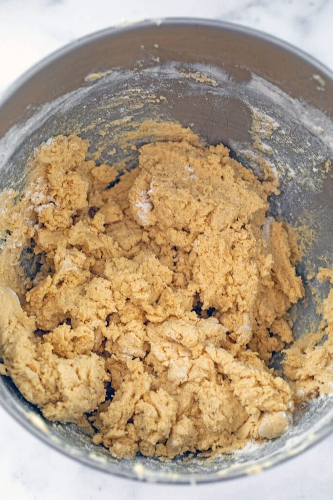 Cookie batter in mixing bowl