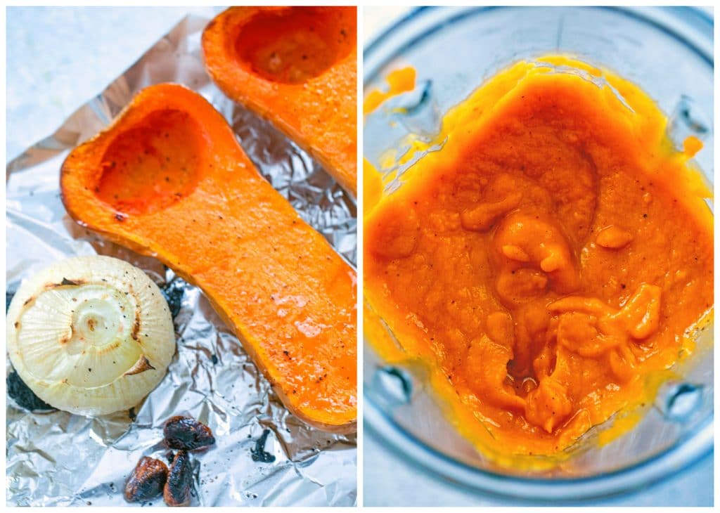 Collage showing process for making butternut squash sauce, including squash halves, onion, and garlic roasted on baking sheet and sauce just pureed in blender