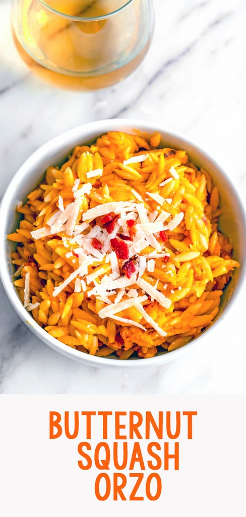 Butternut Squash Orzo -- This Butternut Squash Orzo is packed with creamy butternut squash sauce, crumbled bacon, and parmesan cheese. It's incredibly easy to make and can be served as either an entree or a side | wearenotmartha.com #butternutsquash #orzo #fall #squash