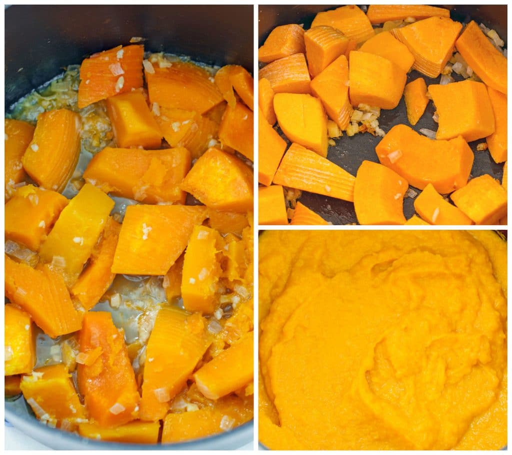 Collage showing process for making butternut squash soup, including cubed squash cooking with onions, garlic, and ginger; squash softened with onions, garlic, and ginger; and soup pureed back in pot