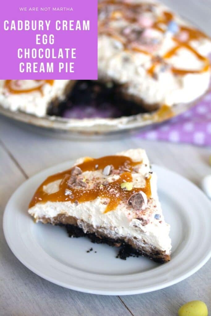 Cadbury Creme Egg Chocolate Cream Pie -- It wouldn't be Easter if you didn't indulge in a Cadbury Creme Egg or Cadbury Mini Eggs. You can enjoy both (plus a whole other lot of goodness!) in this Cadbury Creme Egg Chocolate Cream Pie | wearenotmartha.com #cadburyeggs #creampie #cadbury #easter