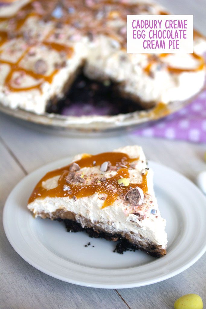 Head-on view of a slice of Cadbury Egg Pie on a white plate with the rest of the pie in the background and recipe title at top