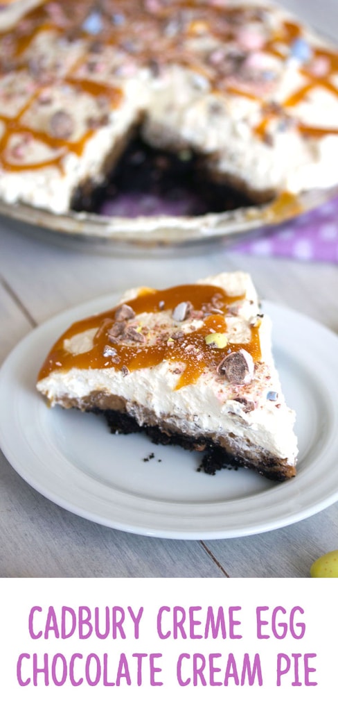 Cadbury Creme Egg Chocolate Cream Pie -- It wouldn't be Easter if you didn't indulge in a Cadbury Creme Egg or Cadbury Mini Eggs. You can enjoy both (plus a whole other lot of goodness!) in this Cadbury Creme Egg Chocolate Cream Pie | wearenotmartha.com #cadburyeggs #creampie #cadbury #easter