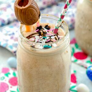 Cadbury Egg Milkshake -- The ultimate Easter milkshake, this Cadbury Egg Milkshake combines ice cream with Cadbury Mini Eggs, caramel, and chocolate sauce and is topped with a Cadbury Creme Egg garnish | wearenotmartha.com