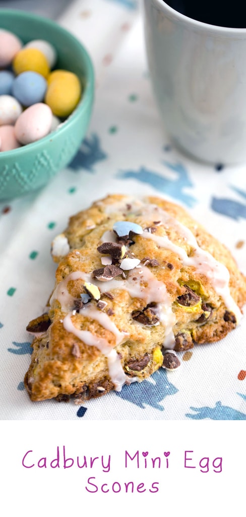 Cadbury Mini Egg Scones -- Instead of mindlessly eating an entire bag of Cadbury Mini Eggs, put them to good use and make Cadbury Mini Egg Scones! These Easter scones make the perfect addition to your Easter brunch spread or for a sweet seasonal treat | wearenotmartha.com #easter #cadburyeggs #minieggs #scones #candy