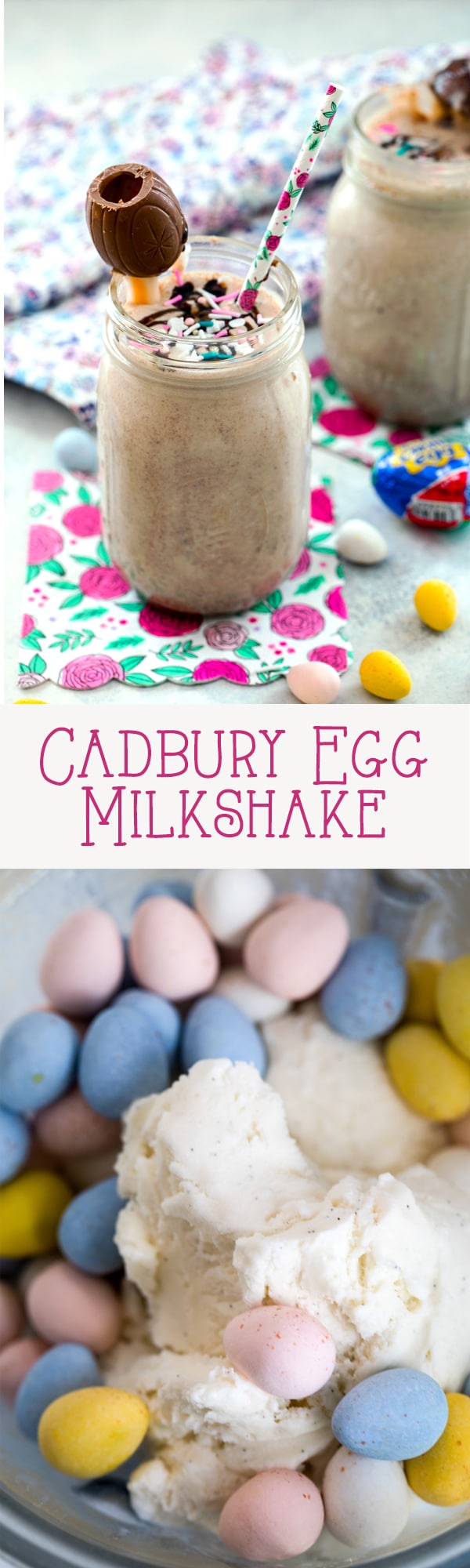 Cadbury Egg Milkshake -- The ultimate Easter milkshake, this Cadbury Egg Milkshake combines ice cream with Cadbury Mini Eggs, caramel, and chocolate sauce and is topped with a Cadbury Creme Egg garnish | wearenotmartha.com