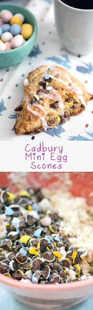 Cadbury Mini Egg Scones -- Instead of mindlessly eating an entire bag of Cadbury Mini Eggs, put them to good use and make Cadbury Mini Egg Scones! These scones make the perfect addition to your Easter brunch spread or for a sweet seasonal treat | wearenotmartha.com #easter #cadburyeggs #minieggs #scones #candy