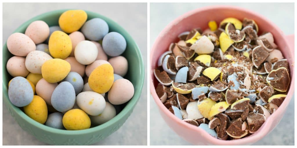 Collage showing bowl of Cadbury Mini Eggs whole and Cadbury Mini Eggs crushed.