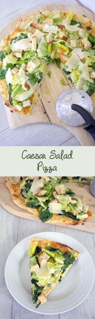 Caesar Salad Pizza -- Thin crust pizza topped with Caesar salad, cheese, and baby spinach | wearenotmartha.com Caesar Salad Pizza -- Thin crust pizza topped with Caesar salad, cheese, and baby spinach | wearenotmartha.com
