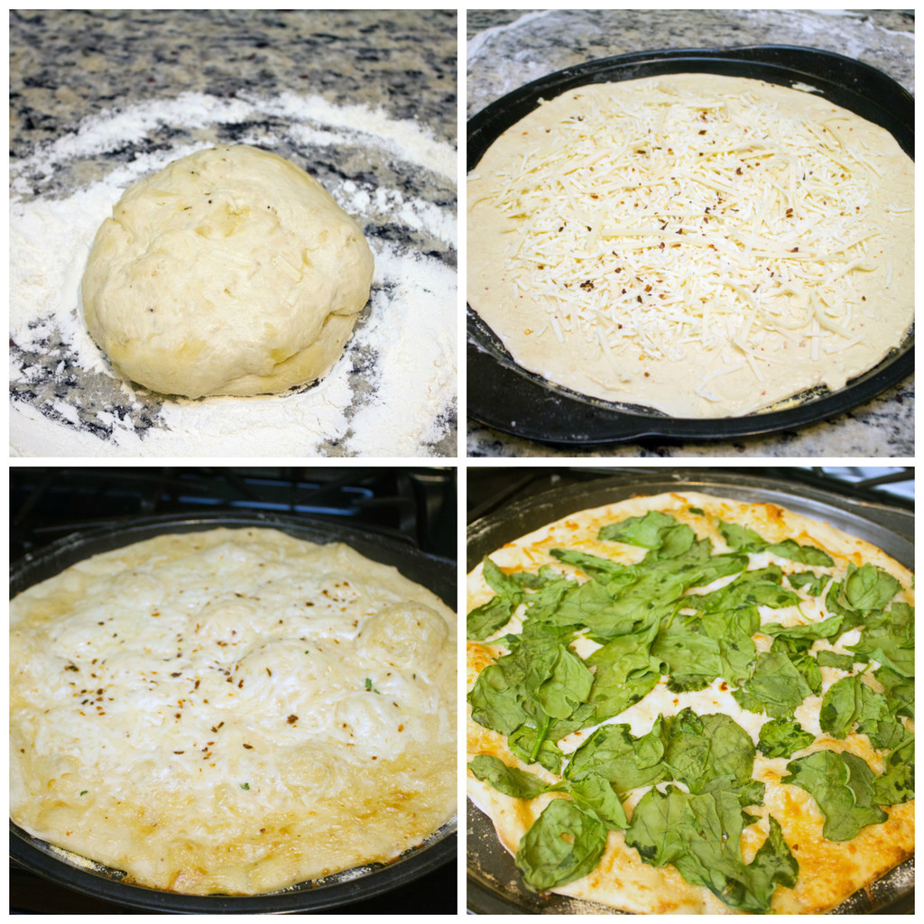 Collage showing process for making Caesar salad pizza, including parmesan dough ball in flour, dough rolled out on pizza pan with cheese, dough baked with cheese, and dough with spinach baked on it