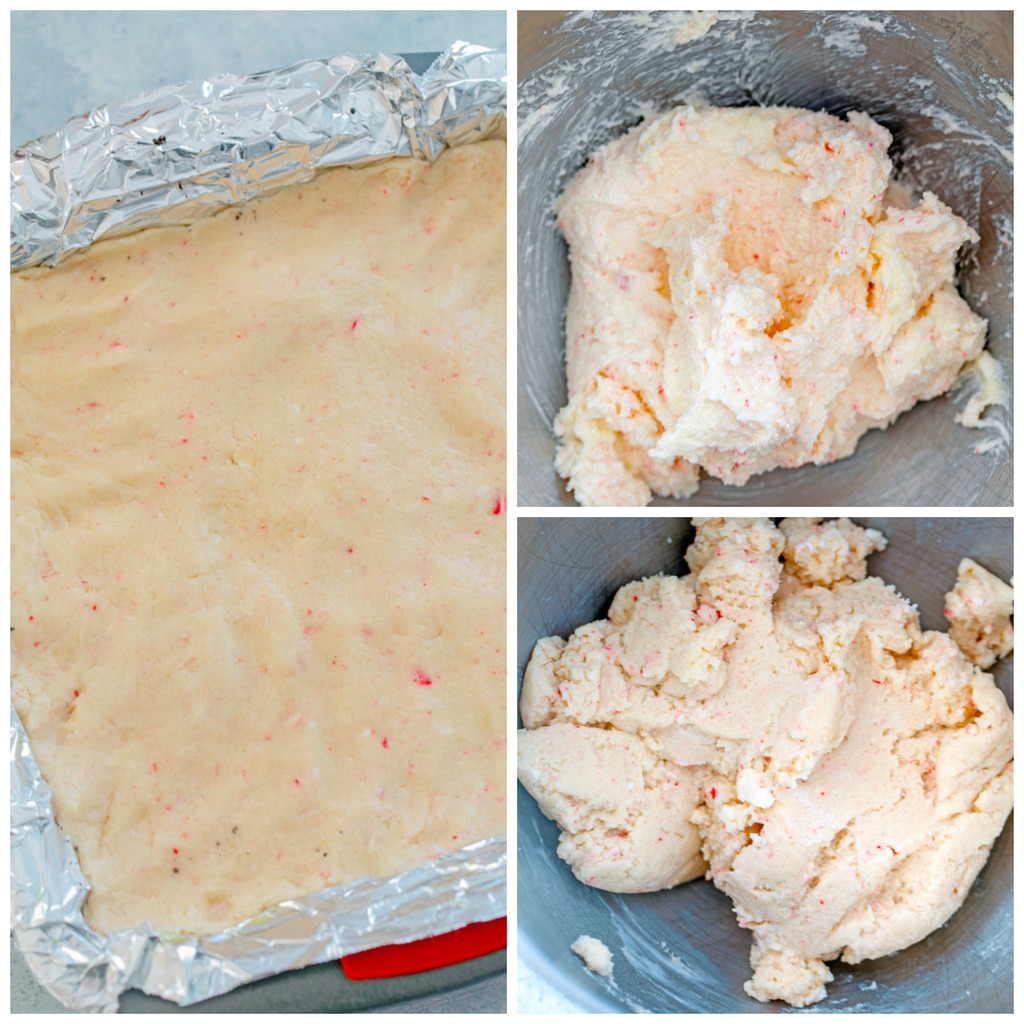 Collage showing process for making candy cane cookie dough bars, including butter, sugar, and crushed candy canes in mixing bowl; cookie dough with flour mixed in in mixing bowl, and cookie dough spread over cookie crust in baking pan