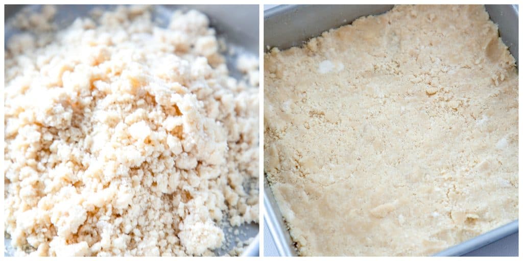 Collage showing process for making shortbread for candy cane crumble bars, including shortbread dough crumbles in pan and shortbread dough pressed into bottom of pan