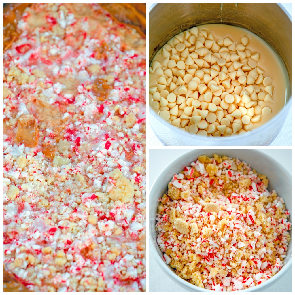 Collage showing process for making candy cane crumble bars, including white chocolate chip and condensed milk melting together in pan, crushed candy canes and shortbread crumbles mixed together in bowl, and ingredients pressed into pan and baked