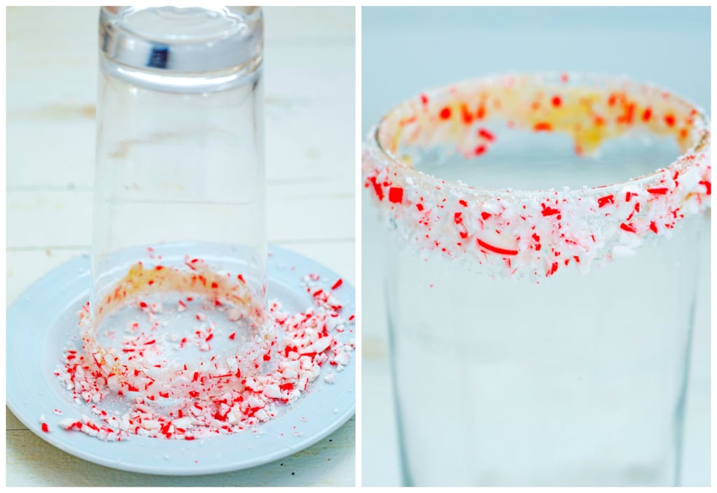 Collage showing process for rimming glasses in crushed candy canes, including glass upside down in crushed candy canes on small plate and closeup of crushed candy canes on glass rim