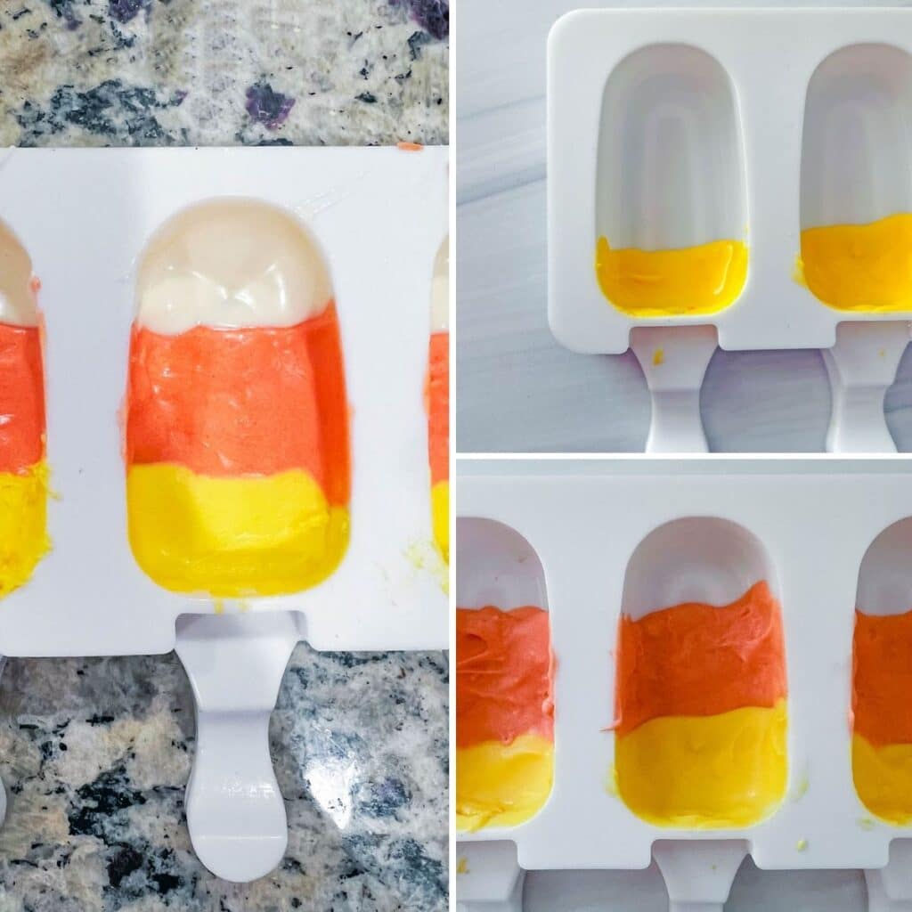Orange, yellow, and white candy melts brushed into cakesicle molds