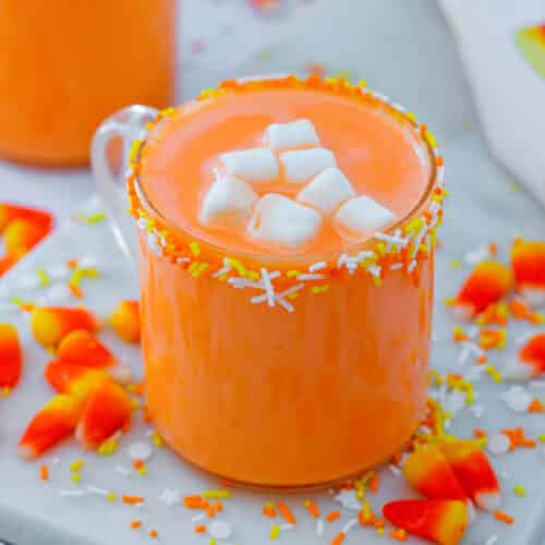Candy corn hot chocolate with mini marshmallows.