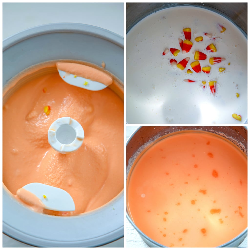 Collage showing candy corn ice cream making process, including cream with candy corn dissolving in it, cream turned orange from candy corn, and ice cream processing in ice cream maker