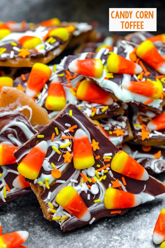 Pile of candy corn toffee with sprinkles with recipe title at top.