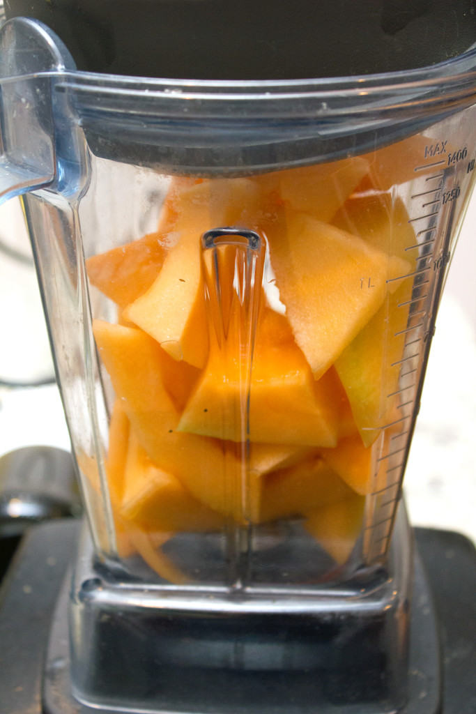 Head-on view of chopped cantaloupe in blender
