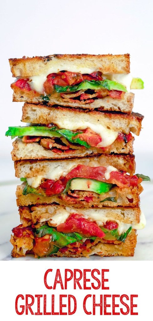 Caprese Grilled Cheese with Avocado and Bacon -- Take the caprese sandwich to new levels with this Caprese Grilled Cheese Sandwich with roasted tomatoes, basil, mozzarella, avocado, and bacon | wearenotmartha.com #caprese #grilledcheese #sandwiches #lunch