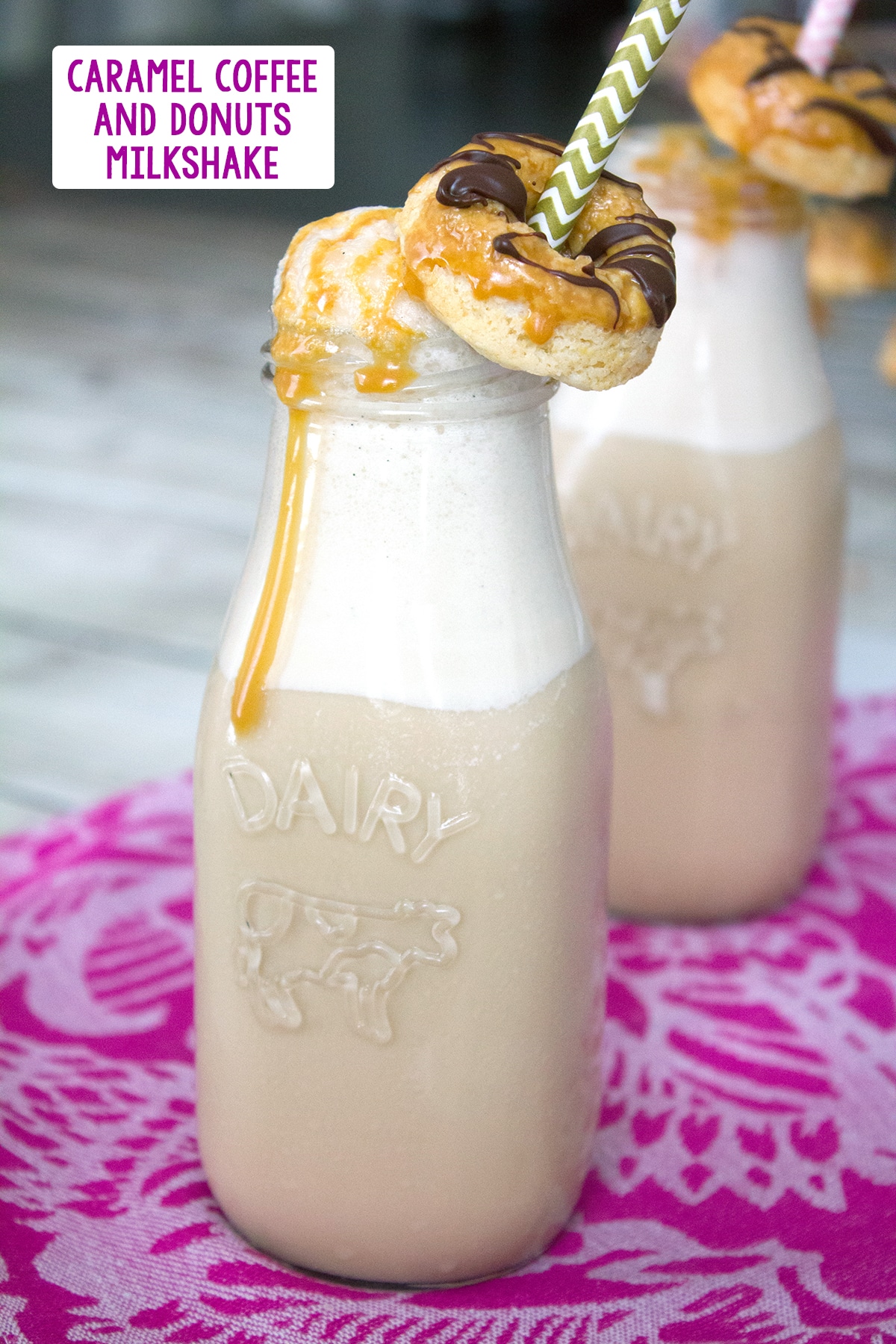 Head-on view of a caramel coffee milkshake with caramel drizzle and mini donut garnish with recipe title at top.