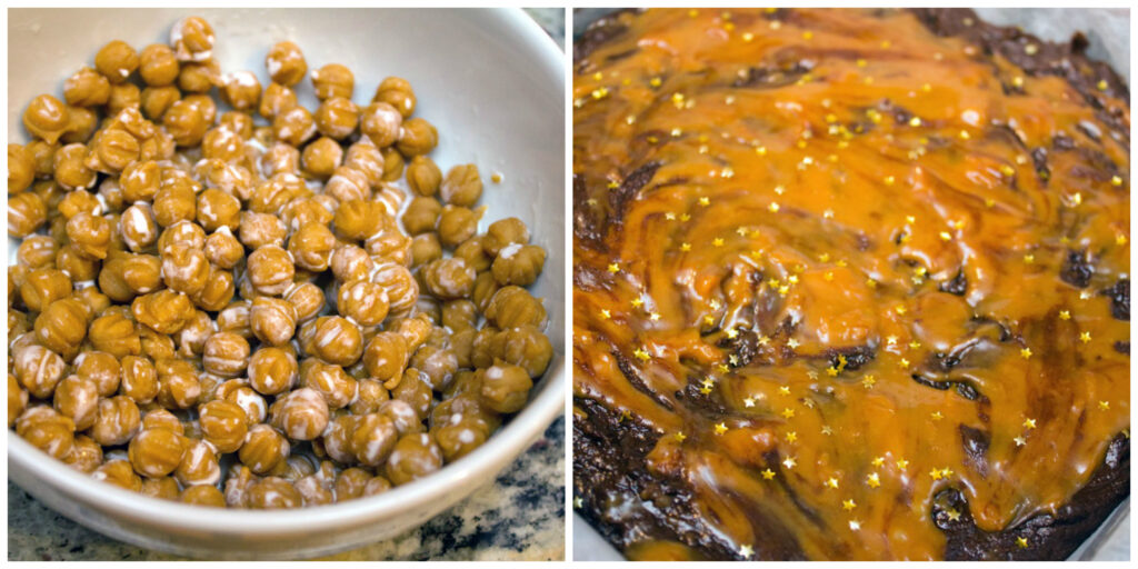 Collage showing process for finishing fudge, including caramel bits in a bowl, and caramel melted and swirled on top of fudge with gold star sprinkles on top