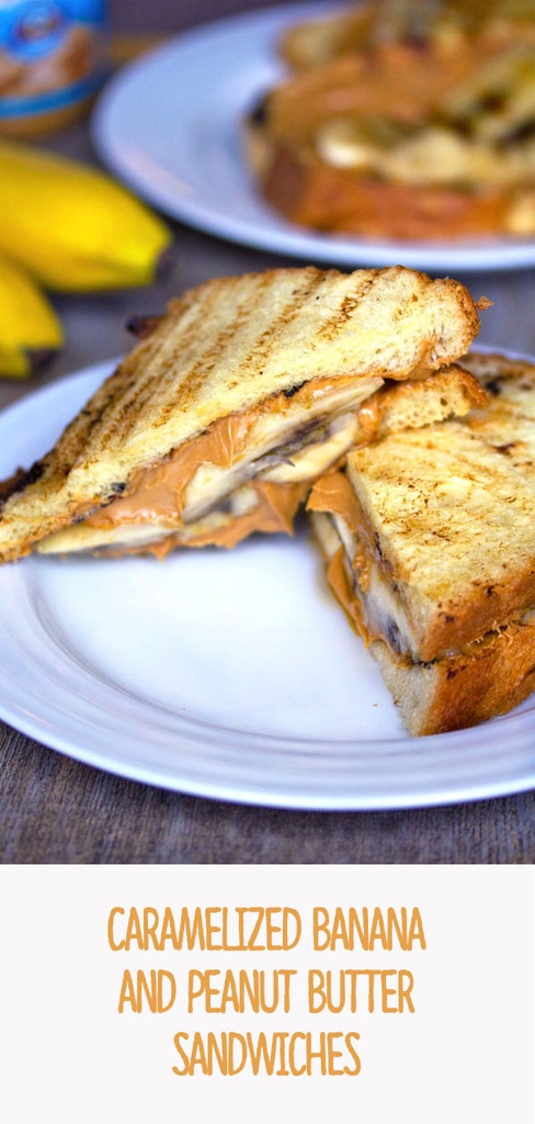 Caramelized Banana and Peanut Butter Sandwiches -- You can never go wrong with a peanut butter sandwich, but lunchtime will be a whole lot more delicious with Caramelized Banana and Peanut Butter Sandwiches instead | wearenotmartha.com #peanutbutter #bananas #sandwiches #caramelilzed