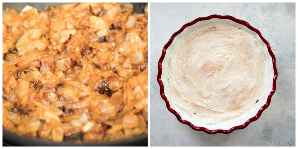 Collage showing process for making caramelized onion dip, including onions caramelizing in pan and goat cheese and cream cheese spread in pie dish