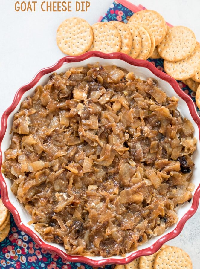 Caramelized Onion Goat Cheese Dip -- an incredibly tasty and super easy party dip that your guests will love! Make it once and you'll be stuck bringing it to parties for the rest of your life | wearenotmartha.com