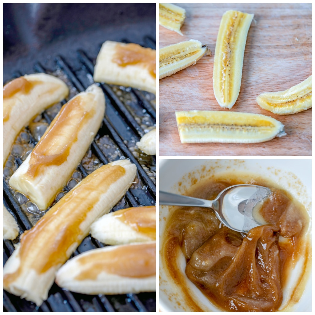 Collage showing process for making caramelized banana and peanut butter sandwich, including bananas sliced lengthwise, bowl of melted butter and brown sugar, and butter/sugar mixture slathered on bananas on grill pan