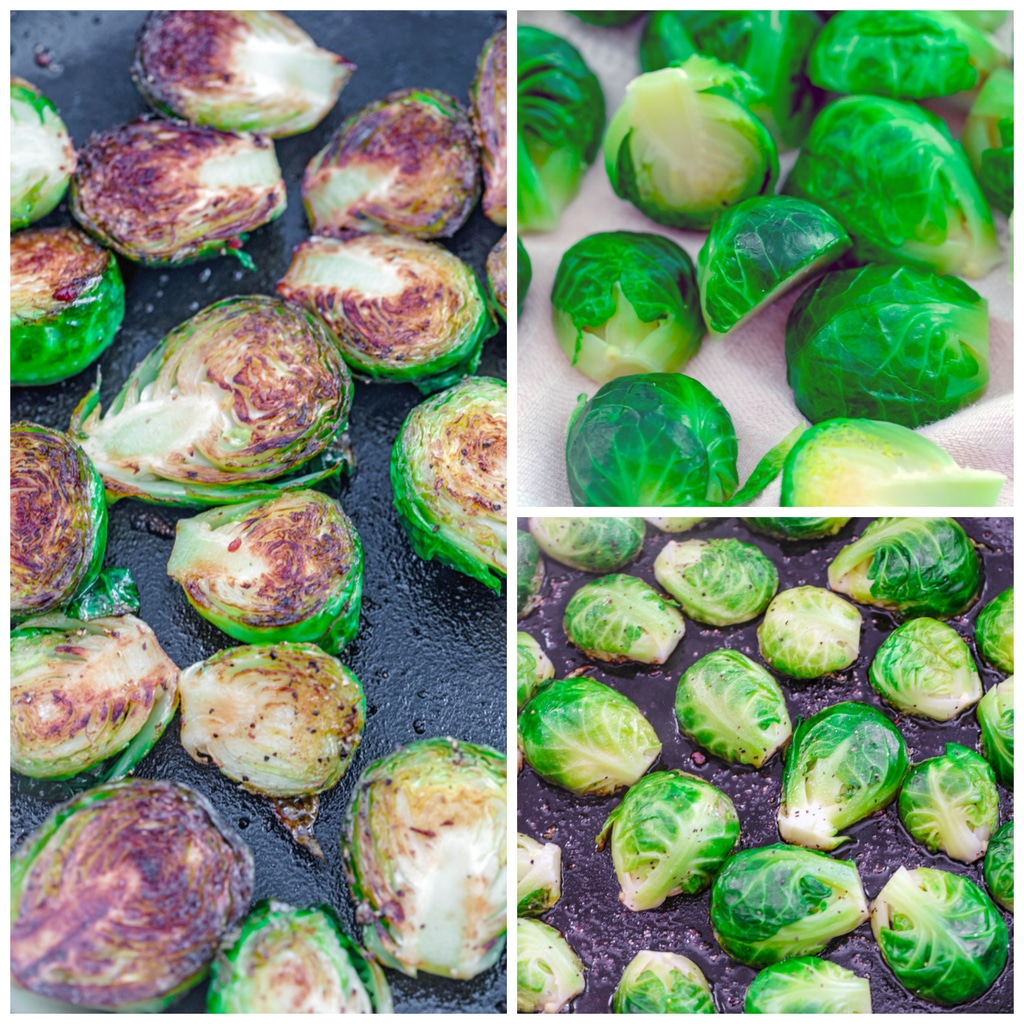 Collage showing blanched brussels sprouts cut in half, brussels sprouts cut-side down in oil in skillet, and brussels sprouts caramelized cut-side up in skillet