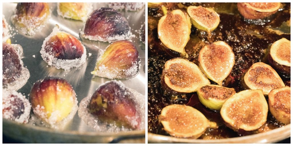 Collage showing process for making caramelized figs, including halved sugar covered fresh figs in a saucepan and figs in saucepan caramelizing in their juices