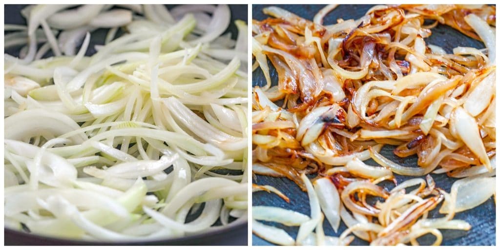 Collage showing process for making caramelized onions, including sliced onions in a skillet and onions in skillet starting to get caramelized 