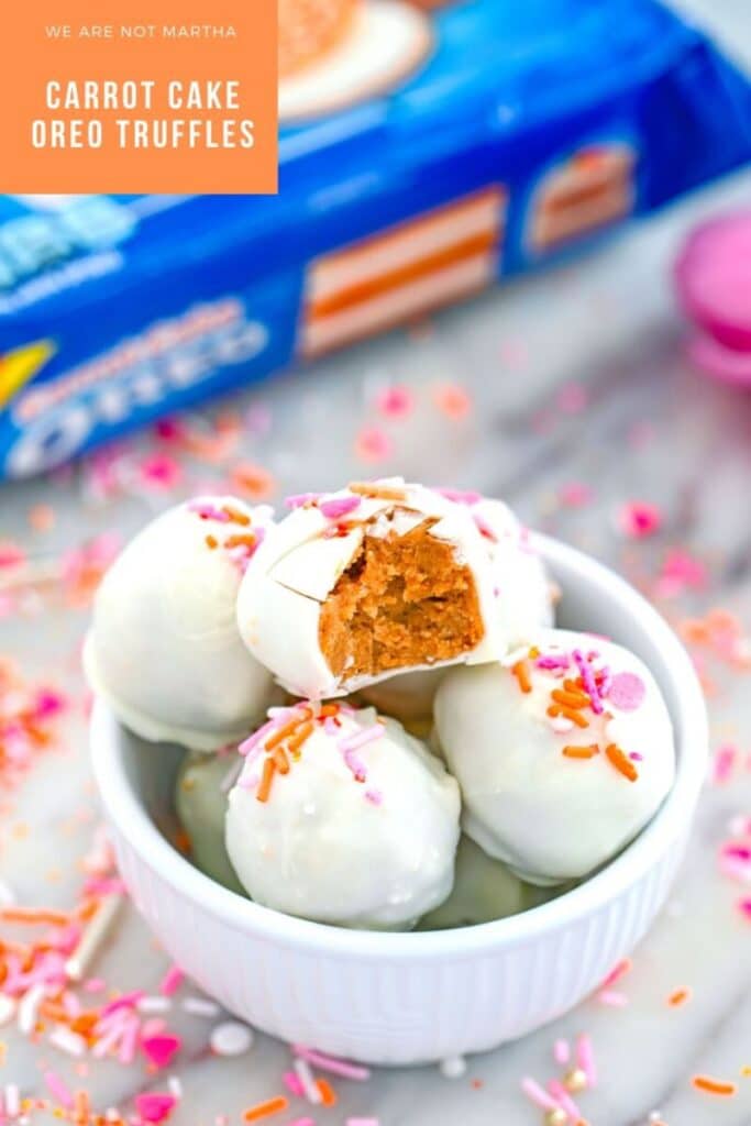 Carrot Cake Oreo Truffles -- Oreo truffles are always a good idea, but these Carrot Cake Oreo Truffles (made with Carrot Cake Oreo cookies) will make you feel like spring is in the air | wearenotmartha.com #oreo #truffles #oreos #carrotcake
