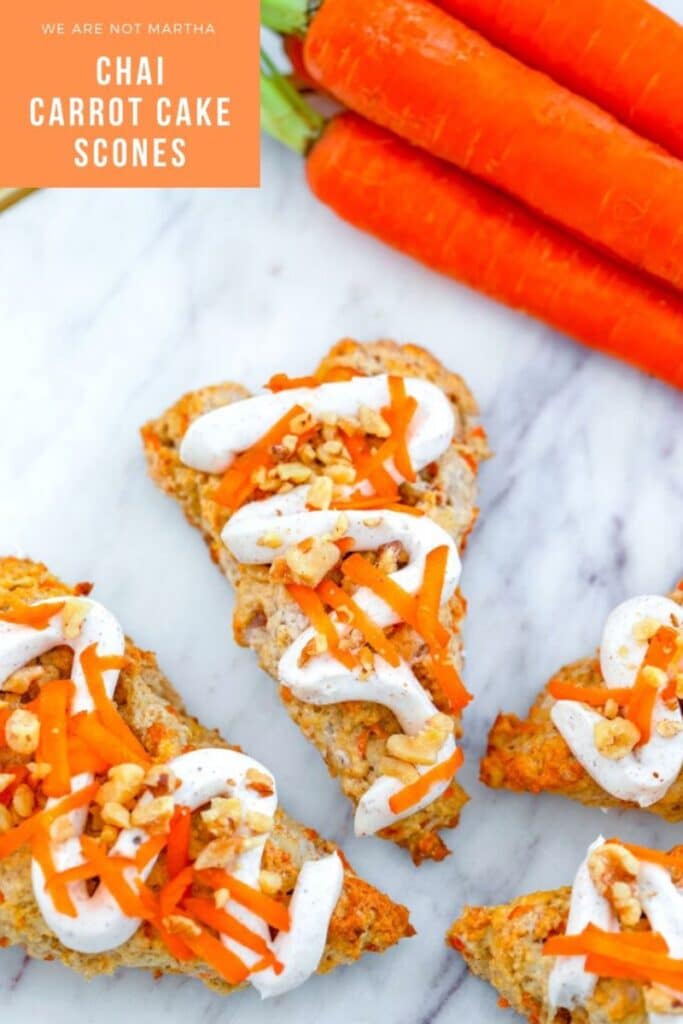 Chai Carrot Cake Scones -- These Chai Carrot Cake Scones with cream cheese frosting combine everything you love about carrot cake into a perfectly spiced treat that's delicious for dessert or breakfast! | wearenotmartha.com #carrotcake #scones #chai