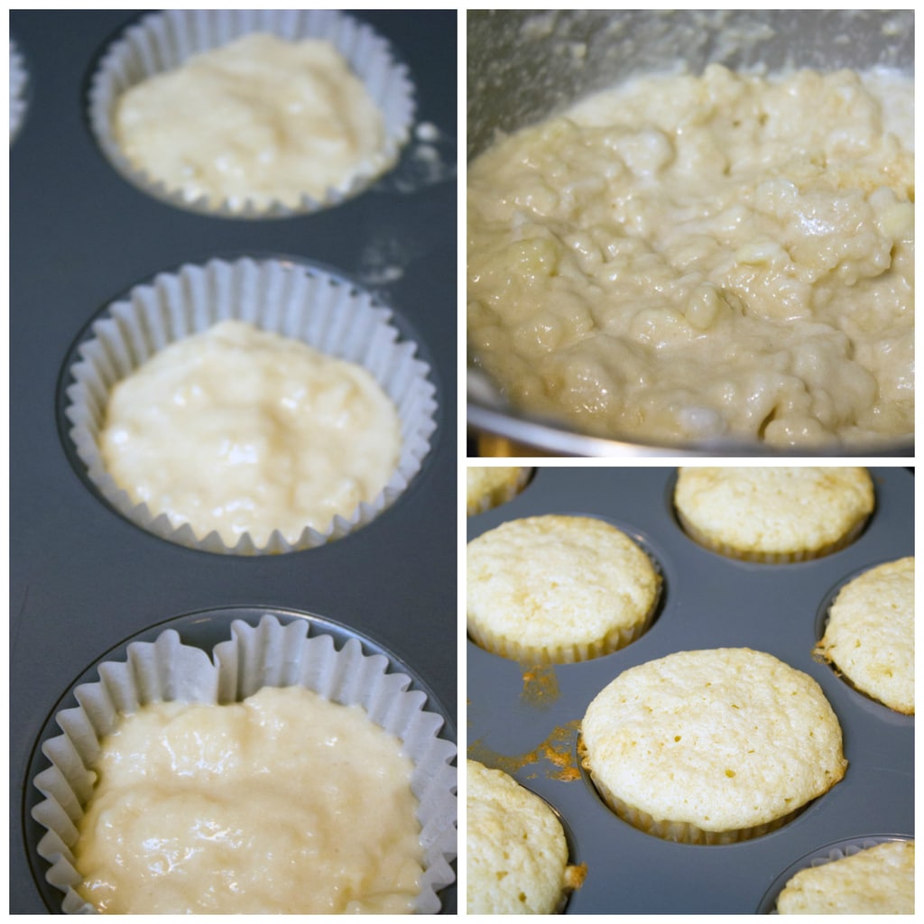 Collage showing process for making champagne cupcakes, including cupcake batter in bowl, batter in cupcake tins, and cupcakes baked and still in their tins