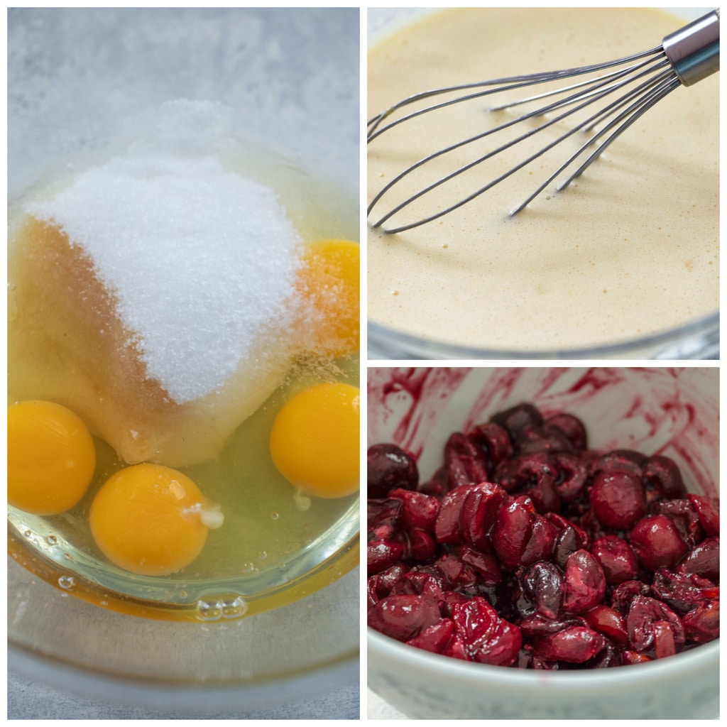 Collage showing clafoutis making process, including bowl with eggs and sugar, bowl with batter mixed together, and bowl with roasted cherries