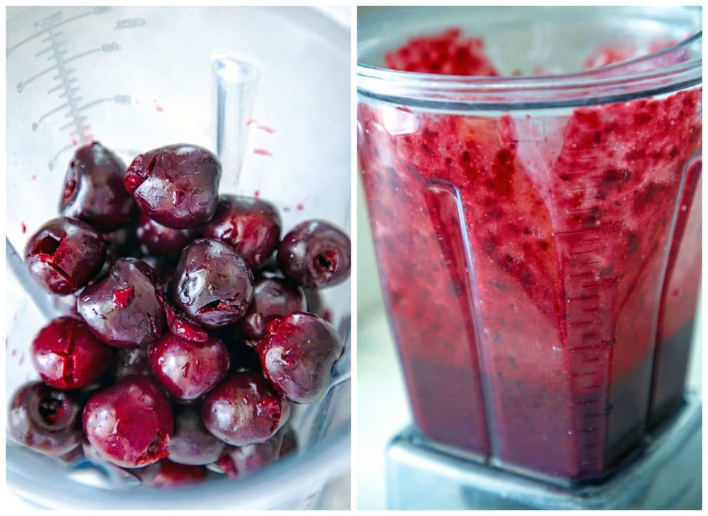 Collage showing process for making cherry rum puree for cherry coke and rum, including blender filled with pitted cherries and blender full of cherry puree 