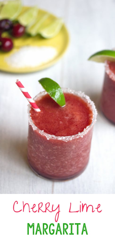 Cherry Lime Margarita -- This Cherry Margarita mixes fresh cherries and lime for a very summery combo... Just add tequila and blend to enjoy a refreshing frosty summer drink! | wearenotmartha.com #cherries #cherry #margaritas #cherrycocktails #summer